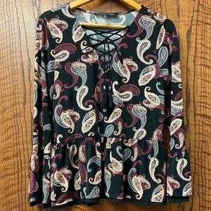 WHITE House Black‎ Market wine red paisley lace up neck peplum top